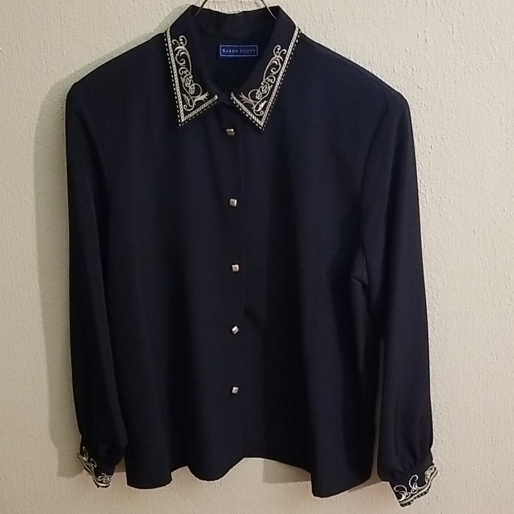 Karen Scott XL Button Up Blouse w/ Gold Trim